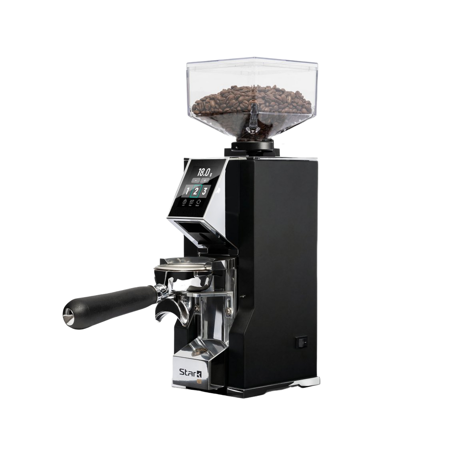 Profielaanzicht van de zwarte Eureka Mignon Stark W espressomolen, met de filterdragerhouder aan de voorkant en een transparant bonenreservoir bovenop.