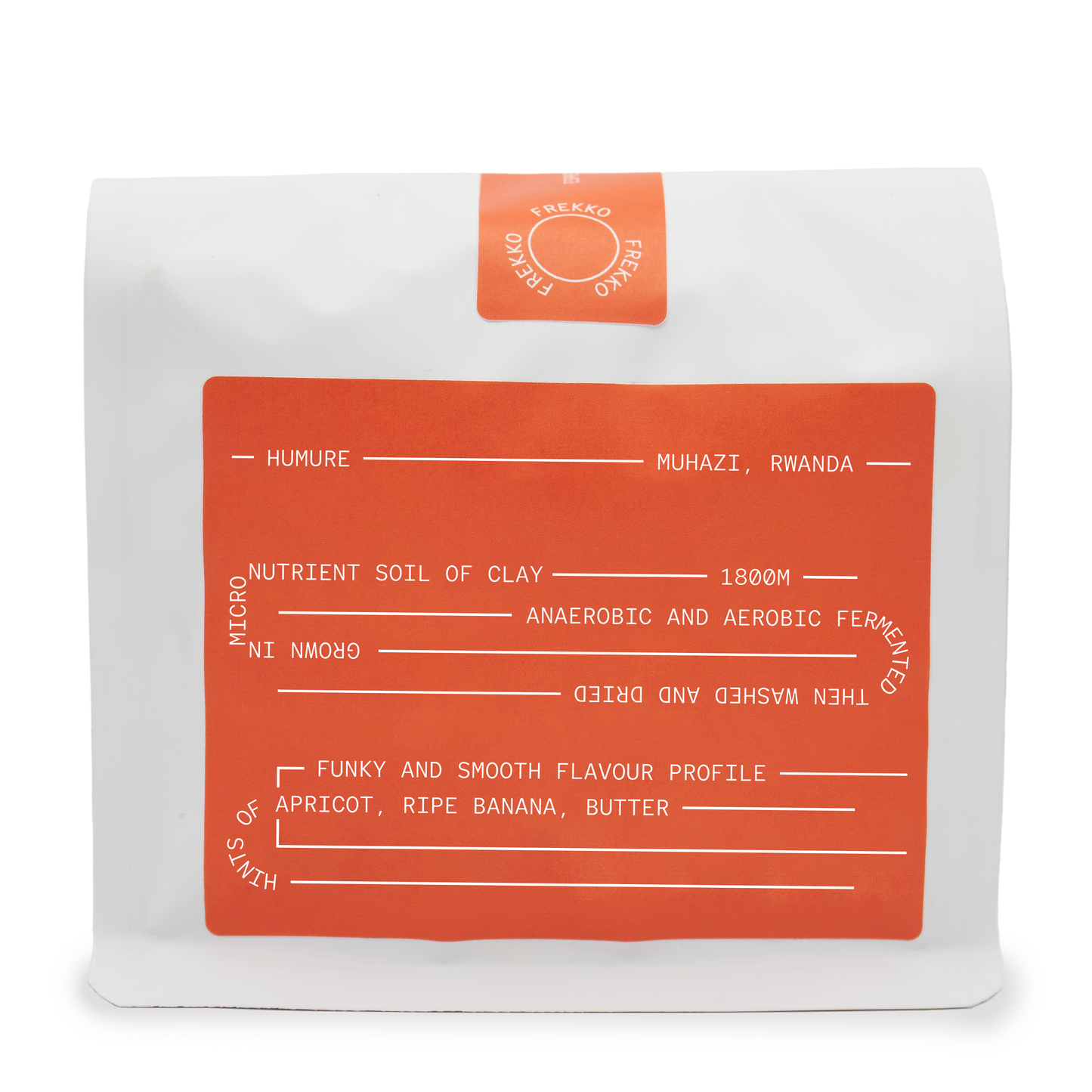 Rwanda Specialty coffee packaging from FREKKO, orange label with white text curling around the packaging

